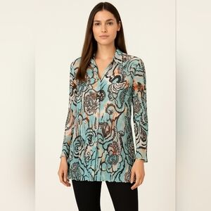 Alberto Makali Sheer Crinkle Button Front Tunic Top Multicolor Large